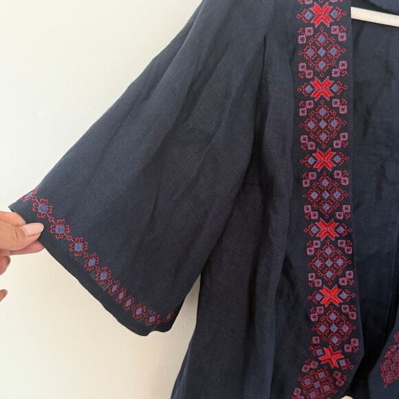 Etno Soul Blue Linen Embroidered Vyshyvanka Wrap Blouse Butterfly Sleeve No Belt - Picture 4 of 12